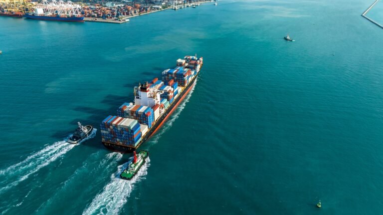 Aerial view container cargo ship maritime freight shipping by container cargo ship