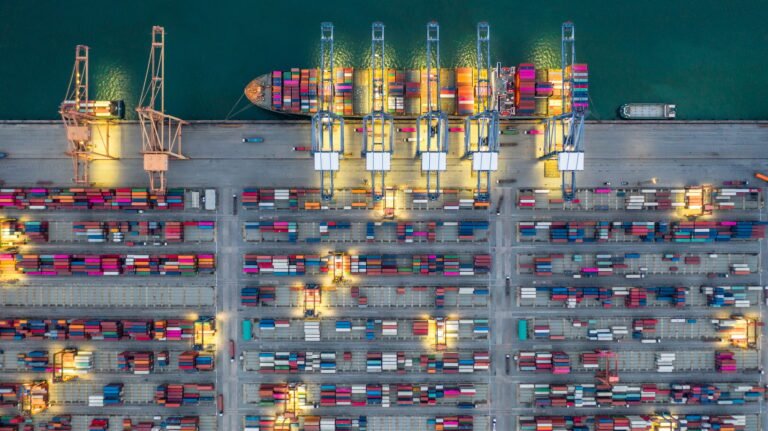 Aerial view container ship global business logistic import export transportation