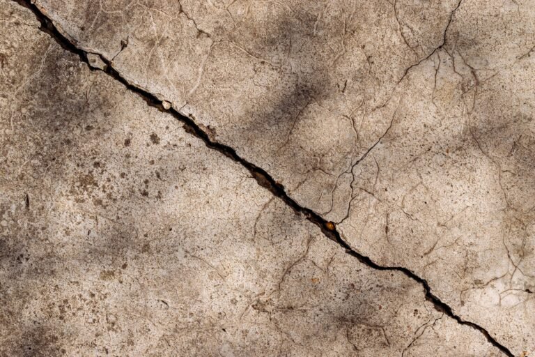 Crack on cement floor, mossy rough concrete surface top view