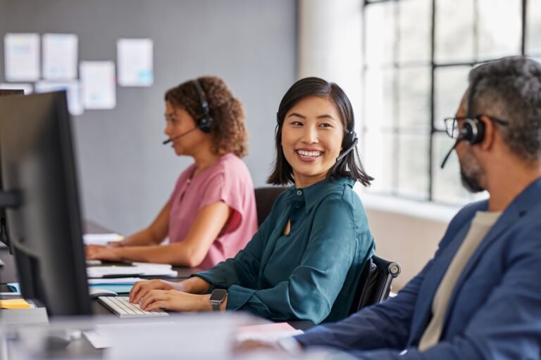 Smiling customer service team