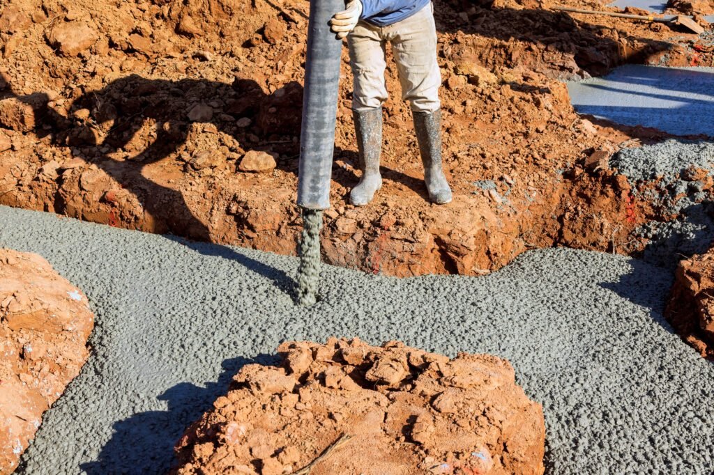 Worker at construction site pouring new house foundation